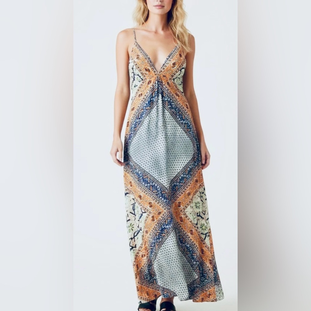 Twelfth Street by Cynthia Vincent Silk Boho Scarf Print Slip Maxi Dress | S